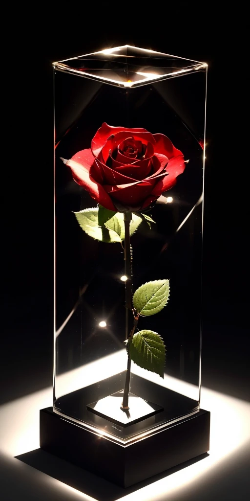 a glass cube, a single rose inside, shining, detailed reflections, photorealistic, highly detailed, masterpiece, cinematic lighting, dramatic shadows, hyperrealistic, 8k, award winning photograph, pristine, elegant, magical