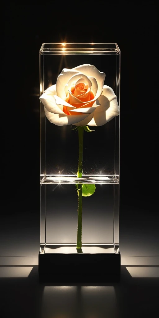 a glass cube, a single rose inside, shining, detailed reflections, photorealistic, highly detailed, masterpiece, cinematic lighting, dramatic shadows, hyperrealistic, 8k, award winning photograph, pristine, elegant, magical