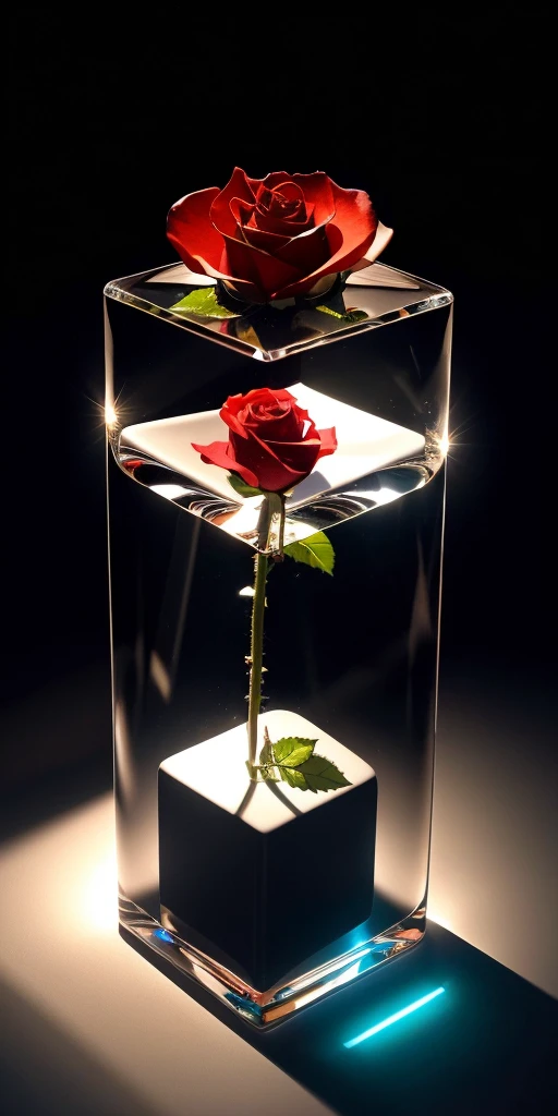 a glass cube, a single rose inside, shining, detailed reflections, photorealistic, highly detailed, masterpiece, cinematic lighting, dramatic shadows, hyperrealistic, 8k, award winning photograph, pristine, elegant, magical