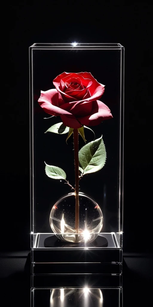 a glass cube, a single rose inside, shining, detailed reflections, photorealistic, highly detailed, masterpiece, cinematic lighting, dramatic shadows, hyperrealistic, 8k, award winning photograph, pristine, elegant, magical