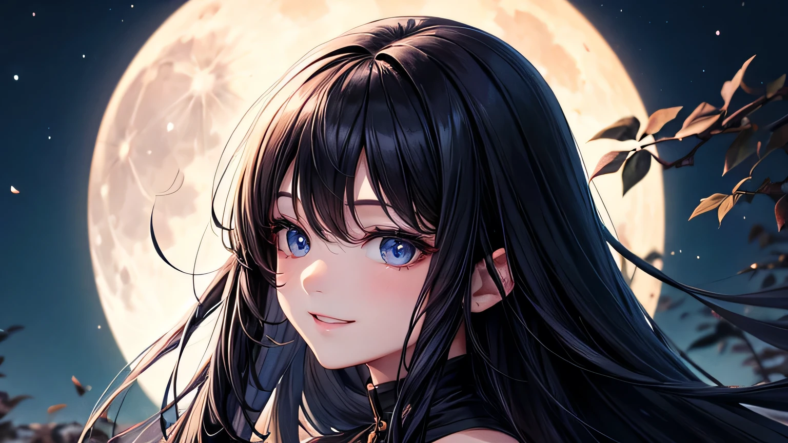 Beautiful woman 1.3, Beautiful straight long black hair: 1.2, , Night Road: 1.2,moon light: 1.1, Ultra-high resolution, Accurate, Super detailed, Textured skin, High detail, highest quality, 8k,Thin bangs,Upper Body,Well-drawn eyes, Focus on the face,Black two stripe jersey,Detailed hair depiction,Detailed depiction of eyes、Detailed depiction of hair、moon、Upper Body、smile