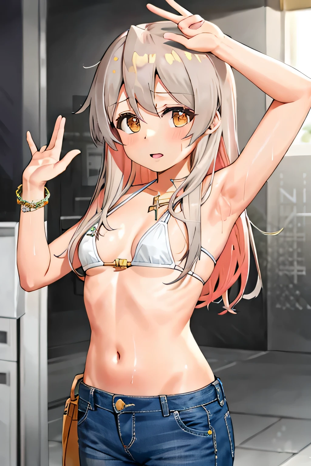 detailed background, masterpiece, 4k, best quality, late youth, adult, wrestler body, 1girl, active, energic, uppercut, (large mouth) , solo, nami \(one piece\), 1girl, bangle, (very wet, drenched in sweat, sweat all over body, very wet hair, tired, taking breath, open mouth, hand on stomach, sweaty face, sweaty body, panting, sweating too much, shiny sweat, sweat stains, leaning forward, tilting, hands on knees, waving good bye), perfect detailed face, bold drawing lines, muscular arms, detailed bold arm lines, flat jaw, adult woman, wavy wide streaked bangs, floating bang streaks, (big cheeks), bare shoulders, off-shoulders, belt, bikini, bikini top only, blue sky, bracelet, springy breasts, breast lines, big round eyes, plain big brown shiny eyes, bubbles, high eye position, cleavage, cloud, day, denim, earrings, floating hair, shiny hair, green belt, green bikini, bold groin lines, jeans, jewelry, large breasts, log pose, long hair, looking at viewer, navel, wet hair, orange hair, pants, shoulder tattoo, sidelocks, sky, solo, standing, stomach, swimsuit, tattoo , looking at viewer, open mouth, detailed left arm, big forehead, hourglass figure, small head, toned body, wide hair, wind effect, sun effect, under the sun, narrow small ears angle, older, random poses,