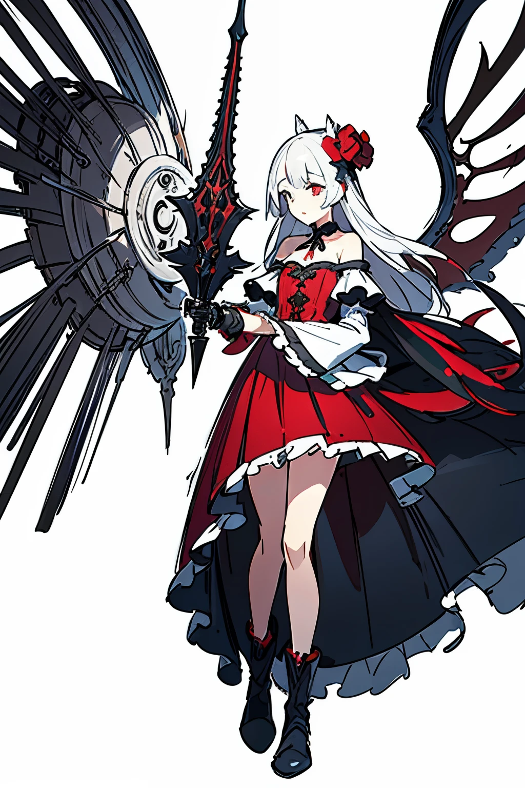 ((best quality)), ((masterpiece)), (detailed), 1girl, off-shoulder, blank white background, plain background, white background, red and white clothing, Bloodborne inspired, occult aesthetic, occult, detailed and intricate steampunk and detailed gothic, NSFW, Very dramatic and cinematic lighting, cosmic horror, grim-dark, side-lighting, perfect face, NSFW, Fluttering lace flared long knee length dress with frilly petticoats, knee length dress, pleated petticoats, lolita dress, petticoats gothic lolita, complex lace boots, side-lighting, gothic lolita aesthetic, wielding a mighty sword with mechanical components, carbine, NSFW, beautiful small breasts, small breasts, full body, whole body, body, plain background, white background, blank background, no background, white background NSFW, full body, whole body, head-to-toe NSFW