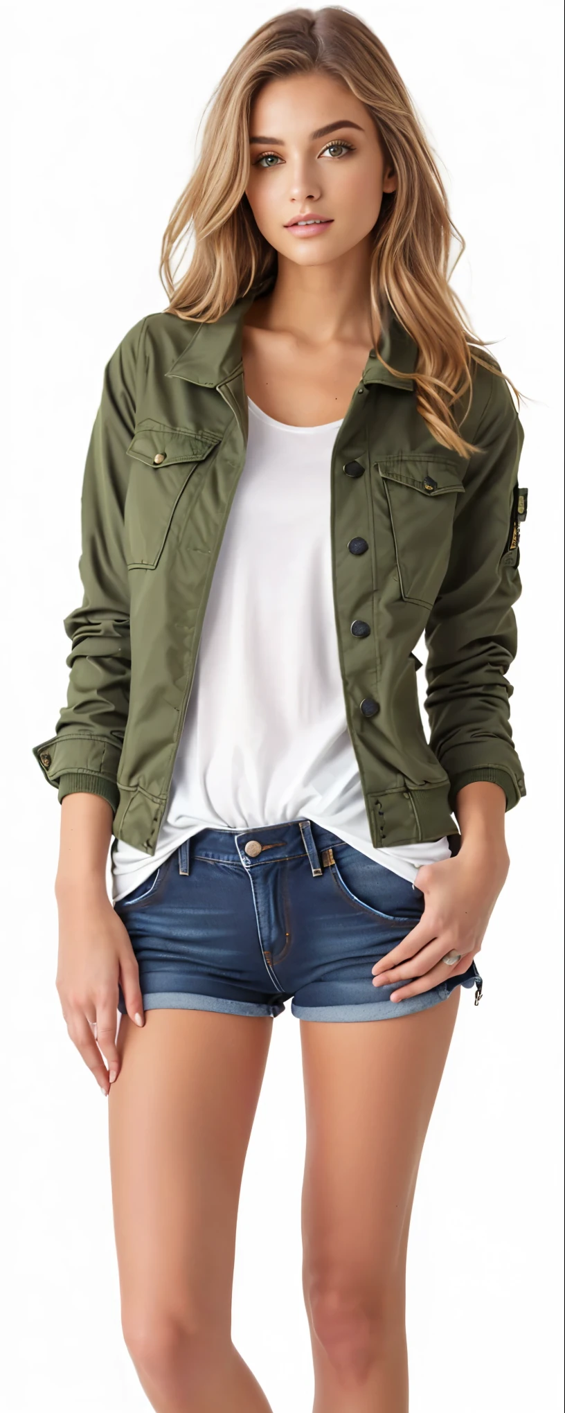 uma mulher de camisa branca e jaqueta verde posando para uma foto, vestindo jaqueta verde, vestindo uma jaqueta jeans, vestindo jaqueta, jaqueta curta, camisa cropped com jaqueta, jaqueta sobre o tronco nu, roupas verdes casuais, estilo de roupa casual, a bomber jacket and pants, Jaqueta jeans, with hands in pockets, army clothes, Jaqueta cinza, hands in pockets
