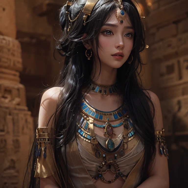 Standing in an ancient Egyptian cave、Hair blowing in the wind 、 ((highest quality、masterpiece、8k、Best image quality、Ultra-high resolution、Award-winning works)、(Accurate anatomy:1.1)、(Look at me and smile:1.0)、Shining fair skin with Ultra-high resolution、The most detailed face、Ultra-high resolution detailed face、Ultra-high resolutionの髪の毛、(Ultra-high resolution eye:1.1)、Beautiful face drawn in every detail、Ancient Egyptian costumes, Chest to chest, Dark atmosphere,Dark atmosphere, Ancient Egyptian makeup,