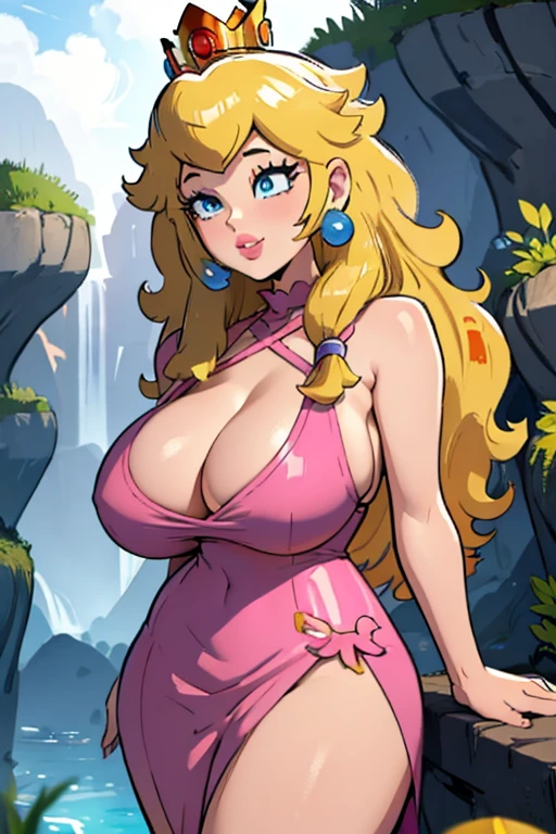 1girl, masterpiece, best_quality:0.5, highres, 4K image, (incredible_details:0.7), absurdes, ((cowboy_angle_shot:0.4)), princess peach, crown, blonde hair, earnings, beautiful queen, sexy looking, large blue eyes, thick lips, sexy smile, wavy blonde hair, (tight dress, pink, cleavage), big breasts, colossal clevage, perfect body, long gloves, ((magical mushroms field scenery))