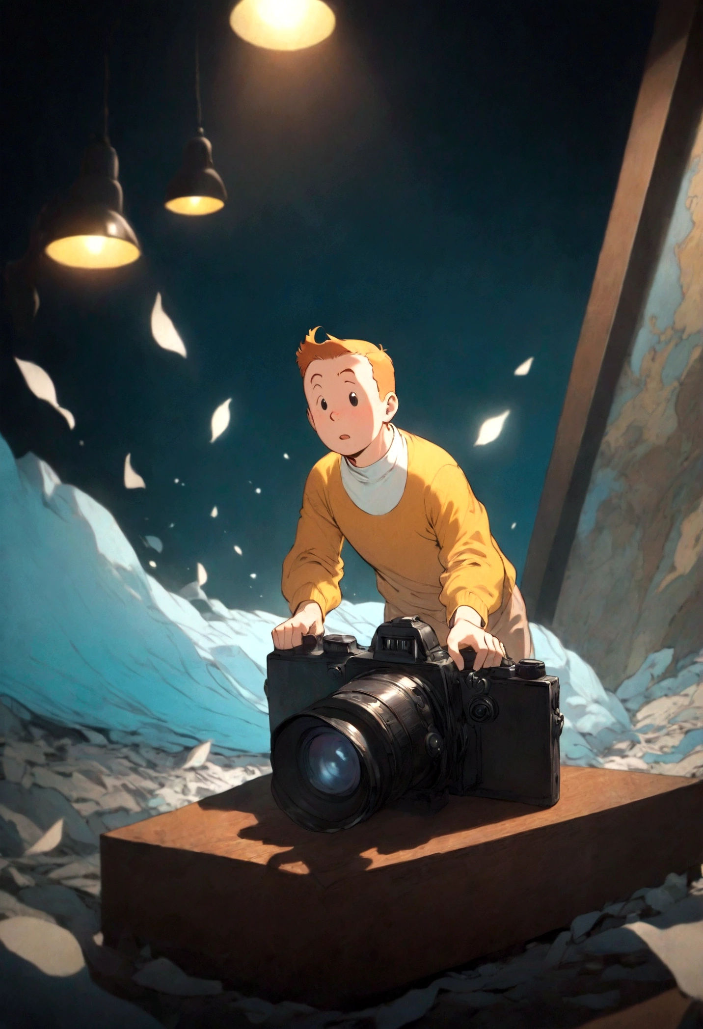 1boy, Tintin, "the adventures of tintin", in the style of herge, Holmes Hat, spotlight, dynamic pose, dramatic composition, cinematic camera angle, european comics, 90s cartoon art style, cinematic dynamic action scene, vibrant colors, cinematic lighting, dramatic lighting, best quality, masterpiece, very aesthetic, perfect composition, intricate details, ultra-detailed