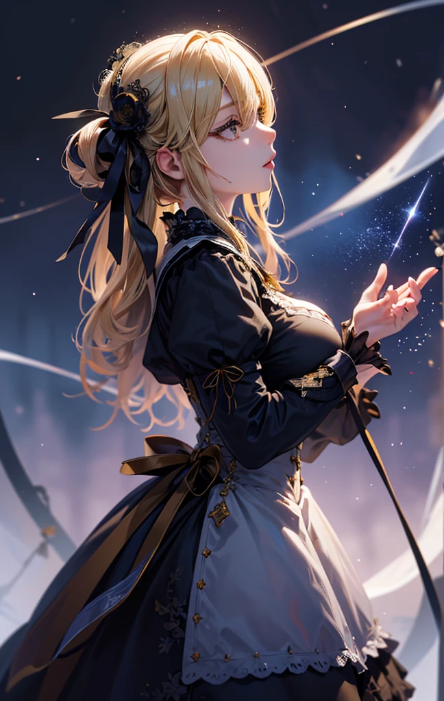 masterpiece, high quality, 4K, Beautiful design, silhouette,blonde, 非常に詳細な夜のStarry Sky,Flower Field, wonderful, Finer details, Very knowledgeable woman, Highly detailed solo, 1 female,Big Breasts,Gothic Lolita Fashion,Night view,Starry Sky,full moon,