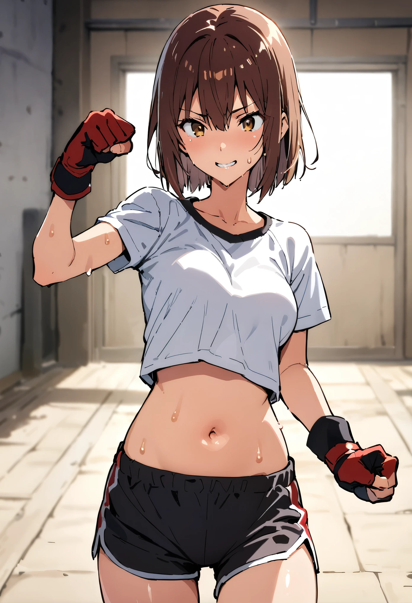 takeda hiromitsu style, (((masterpiece, highest quality,absurdres))),cowboy shot,20 year old beauty,solo,((very small head)),short bob hair,bangs,dark brown hair,brown eyes,smile,medium breasts,((very long body)),((slender body)),skinny,gleaming skin,shiny skin,sweat,(white T-shirt,navel、Sweat shorts,Martial Arts Gloves),punching,Martial Arts Gym、