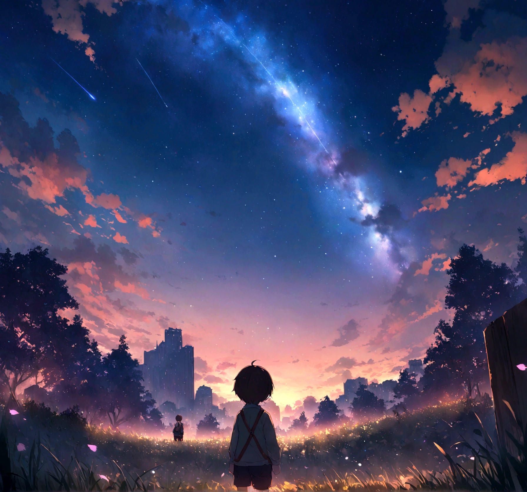 City of night、The sky is wonderful、meteor、3 year old little boy sitting on top of a building、Brown Hair、Back view、The city is bright with streetlights、Landscape Main、highest quality、Anime Scenery、Xin Haichen、building、Field、Milky Way 110207, distant 3 year old little boy staring at
the performer,(Zoom out:1.1),(meteor:1.2)、(comet:1.1,yourname、Low Angle、From behind、Alola、shooting star、cherry blossoms、Standing in the Field、highest quality、masterpiece、cloud、colorful、Starry Sky、performer、