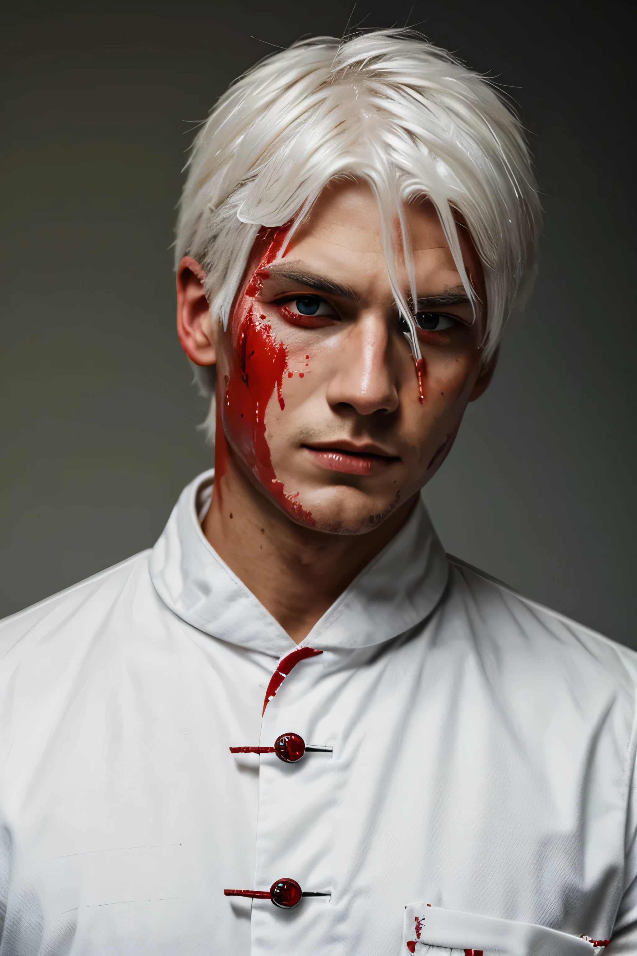 Man wtih cool face, red eyes, white haired using full of blood imperial suit 