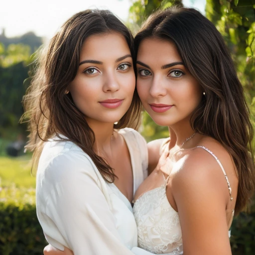 ((Two young women)) , indian wedding, wedding photoshoot of bestie,((lifting a woman with both hands)), (only two woman in photo), ((two woman one lifthing other)) , one in a white dress and the other in a silver dress, one woman lifting other woman, are posing for a photo. The woman in white is smiling and looking at the camera, while the woman in silver is smiling and looking at the woman in white. The photo is taken from a low angle, and the background is blurred.