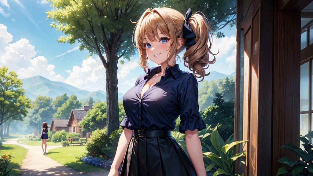 1girl, solo, full body, summer, village, trees, sun, clouds, chestnut hair, curly hair, side ponytail, big and full breasts, cleavage, button down, dark blue eyes, ((dark blue shirt)), ((unbuttoned shirt)), ((short sleeved shirt)), black skirt, brown shoes, grin, looking at the viewer, standing, hair ribbon, golden necklate
