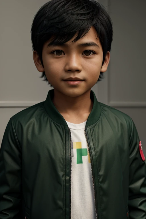 A picture 3d of an indonesian boy with black hair, wear green jacket bring a sheep