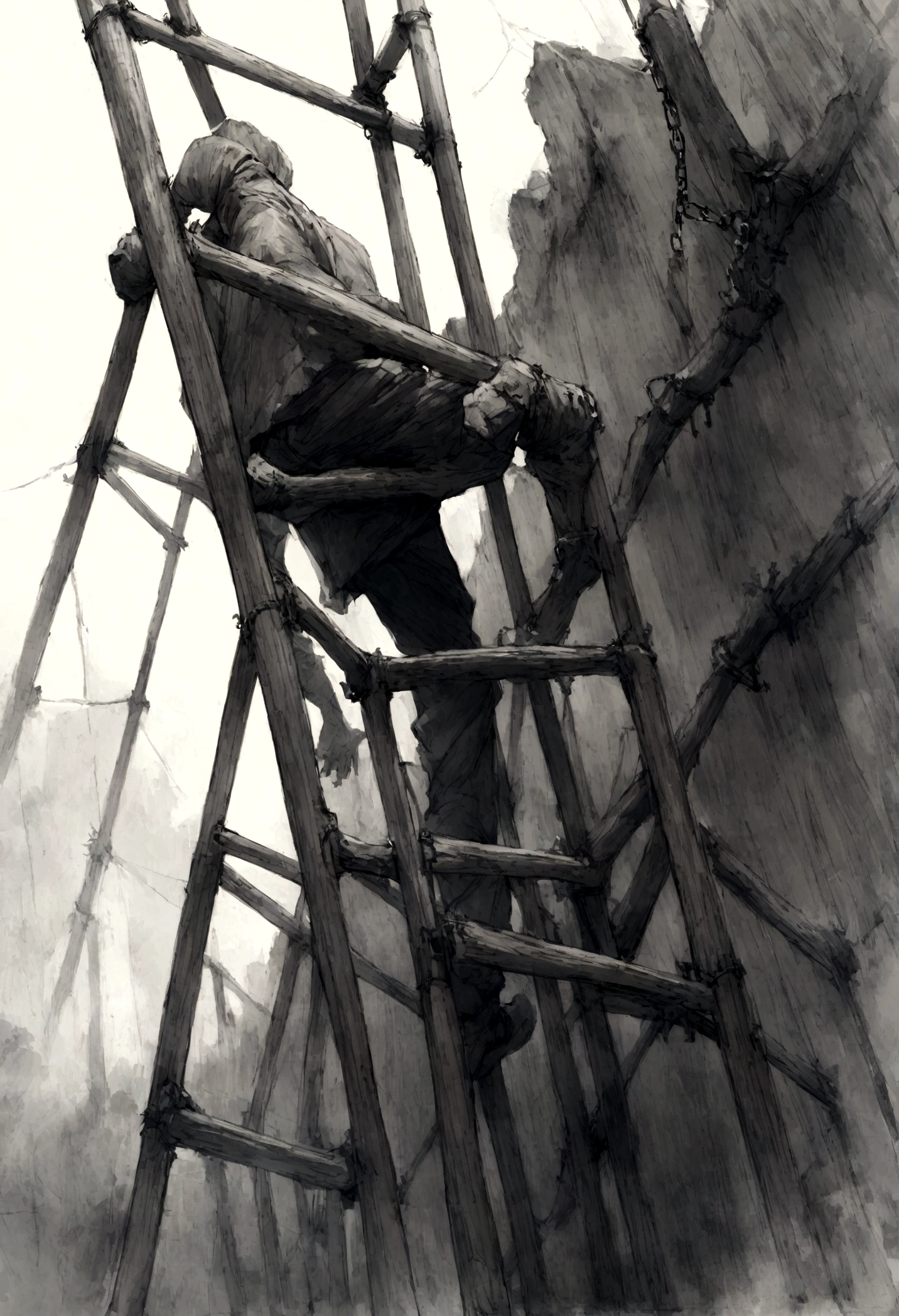 A man is trying to climb a ladder, but is chained by its limbs responsible for locomotion.