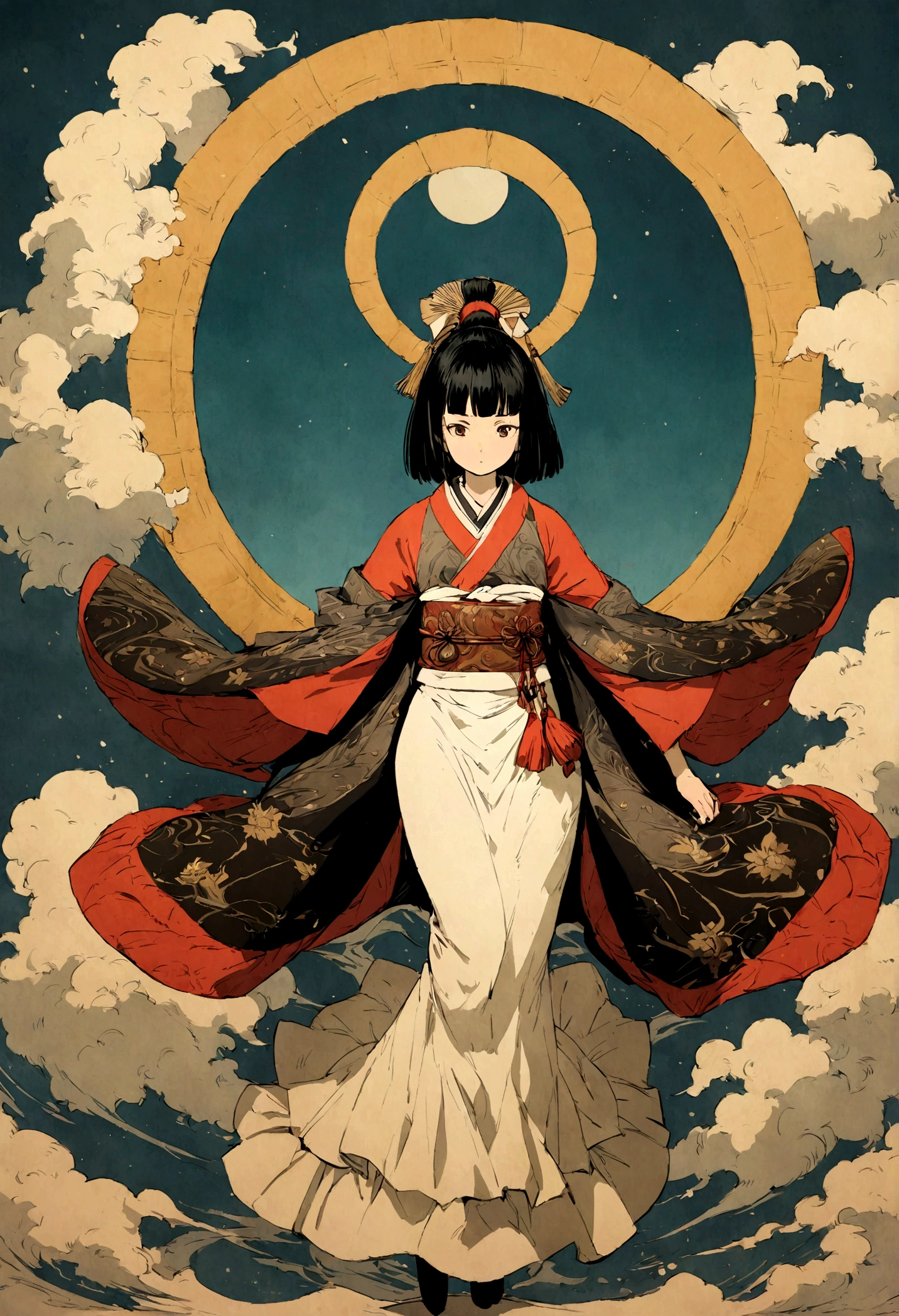 A young girl playing in a beautiful and shiny Nishijin-ori luxury kimono, with a fantastic animated style reminiscent of a Heian period picture scroll, high quality and detailed, in anime or Studio Ghibli style.