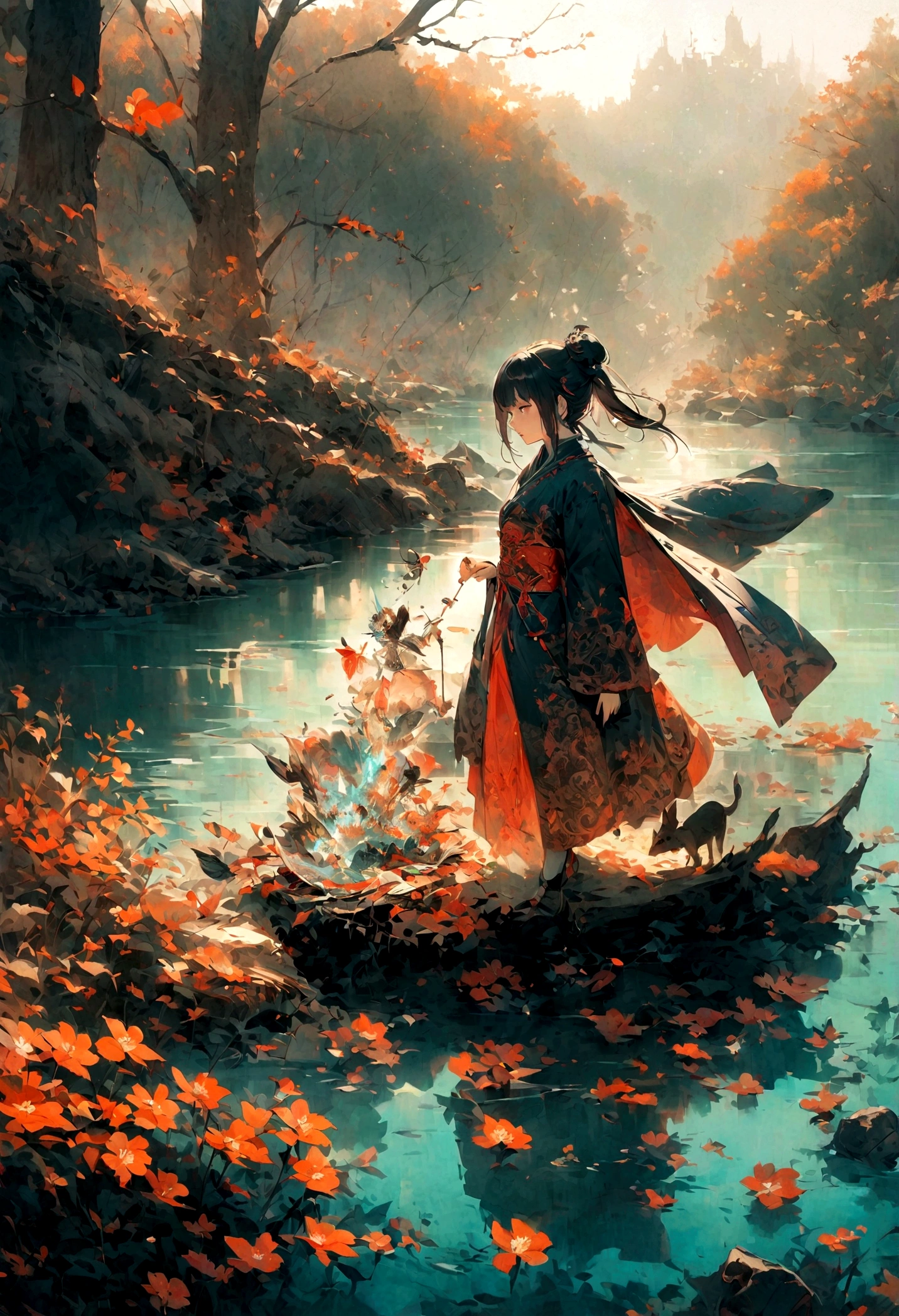 Ink Painting,The Chinese beauty Xi Shi is washing her clothes by the river