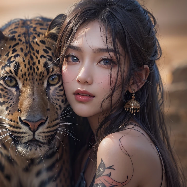 Hiding in the desert、Hair flow、 ((highest quality、masterpiece、8k、Best image quality、Ultra-high resolution、Award-winning works)、(Accurate anatomy:1.1)、(Look at me and smile:1.1)、Shining fair skin with Ultra-high resolution、The most detailed face、Ultra-high resolution detailed face、Ultra-high resolution hair、(Ultra-high resolutionのeyes :1.1)、Beautiful face drawn in every detail、(Blurred Background:1.1)、Ancient Islamic clothing, Chest to chest, tattoo, Old ruins in the background、Black leopard 