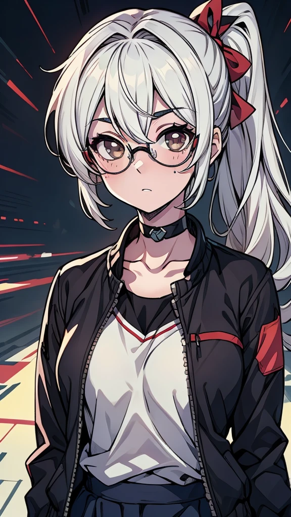 (masterpiece:1.2), (pale skin:1.2), (solo:1.2), (female:1.1), (emphasis lines:1.3), silverhair, silver eyes, eyewear on hair, hair ribbon, ponytail, jacket, choker, collarbone