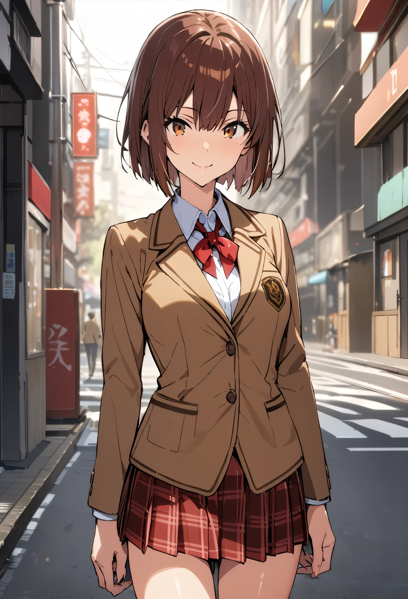 takeda hiromitsu style, (((masterpiece, highest quality,absurdres))),cowboy shot,20 year old beauty,solo,((very small head)),short bob hair,bangs,dark brown hair,brown eyes,smile,medium breasts,((very long body)),((slender body)),skinny,gleaming skin,shiny skin, ,(School uniform、brown blazer jacket、Red ribbon tie、Red checkered pleated mini skirt),on street,Tokyo、
