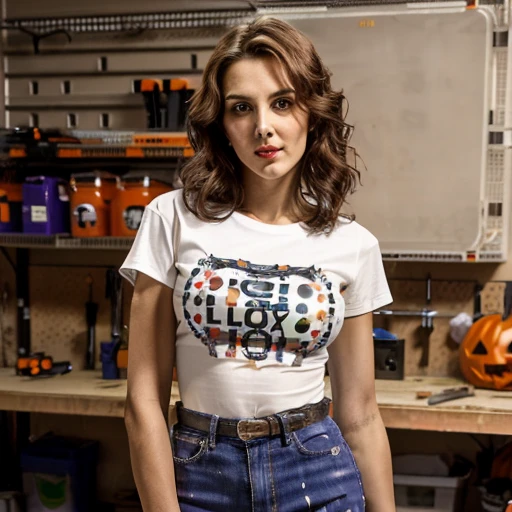 masterpiece, best quality, detailed face, Halloween white tshirt in a garage, leaning on a workbench, solo, a woman, beautyfull woman, red lips, pretty face, big , , round breasts, look sexy, (serious face), (look intense), (open mouth), (((slim body))), ((((big spots on tshirt))))