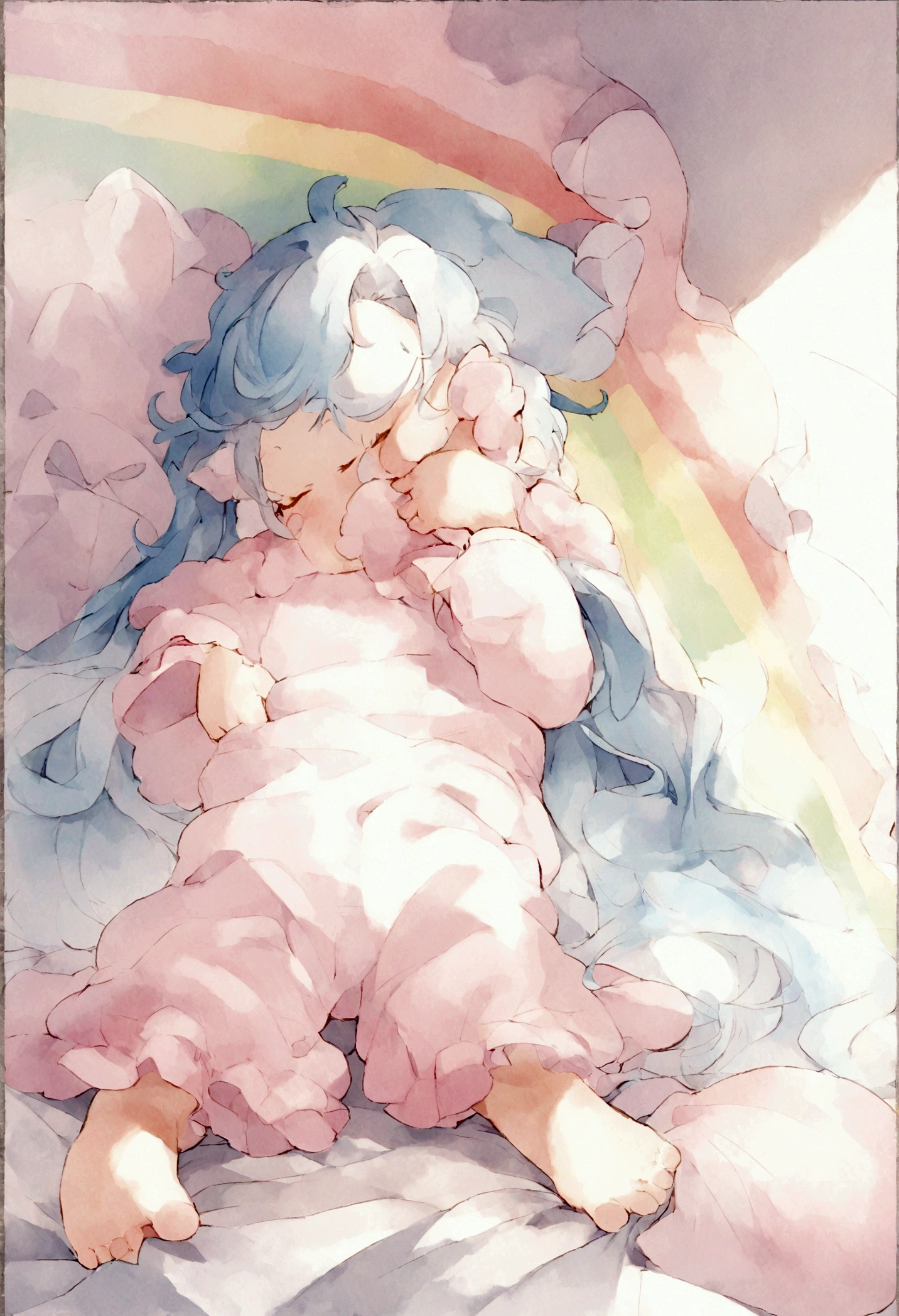 Grisaille technique Background is white、Rainbow Journey Style、high quality、Dreamy illustrations Dreamy and sweet illustrations、Thin watercolor Sugar pink and light blue、A in baggy pajamas、I'm dragging the sheets across the floor、Loose and cute