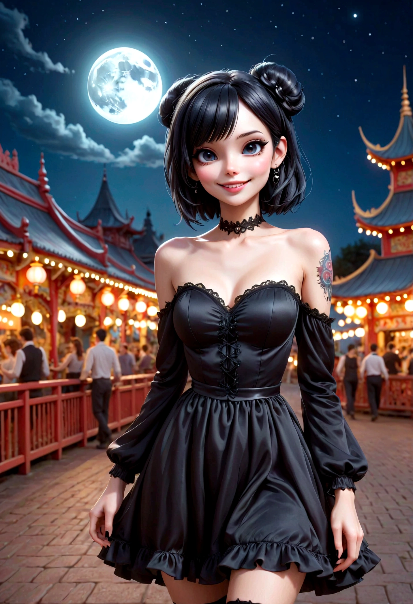 a gothic girl smiling, black hair, hair accessories, choke, wristbands, silver earrings, (strapless_dress), (round toe) mary_janes, gothic amusement park at night, night scene, magical lanterns floating, full moon at background, gothic art style