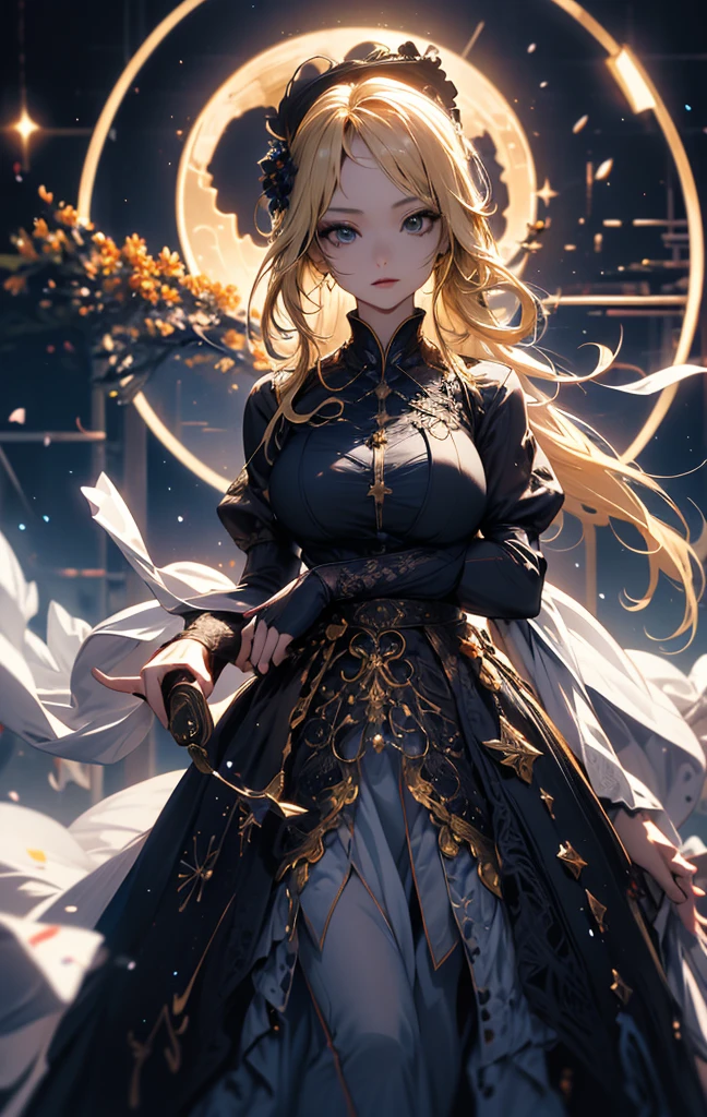 masterpiece, high quality, 4K, Beautiful design, silhouette,blonde, 非常に詳細な夜のStarry Sky,Flower Field, wonderful, Finer details, Very knowledgeable woman, Highly detailed solo, 1 female,Big Breasts,Gothic ta Fashion,Night view,Starry Sky,full moon,
