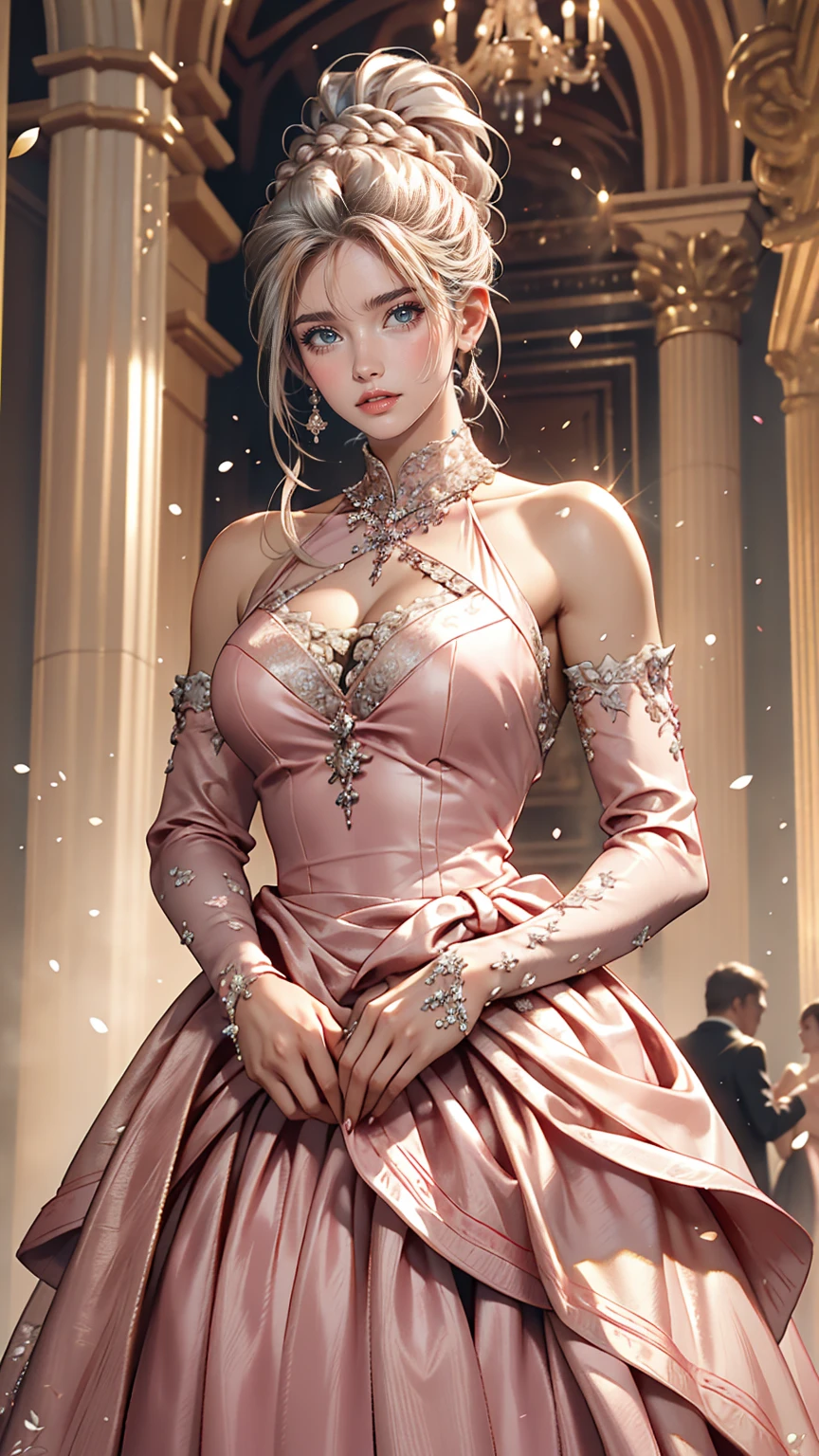 woman, Severe, elegant, Pink Dress, Aristocratic, silver element, Long nails, Exposing shoulders, Hairstyle, Put your hair up, Braids and ponytails, Messy, arrogant, Absurd, Detailed dress, Royalty, celebration, Hall decorated with flowers, Cowboy Shot, Portraiture, (highest quality), (masterpiece), (Very detailed), (4K)