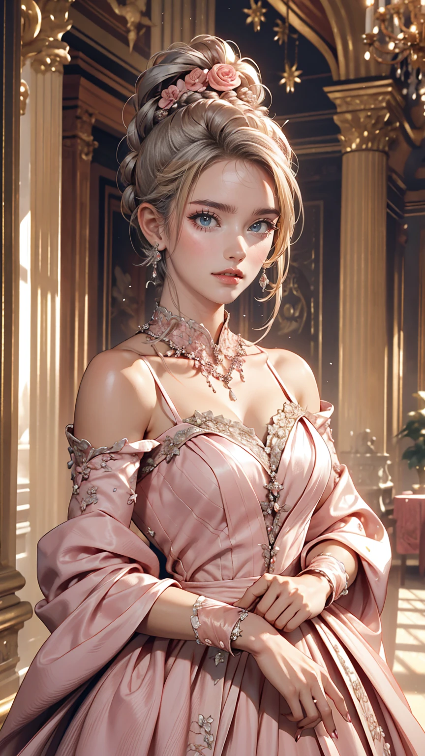 woman, Severe, elegant, Pink Dress, Aristocratic, silver element, Long nails, Exposing shoulders, Hairstyle, Put your hair up, Braids and ponytails, Messy, arrogant, Absurd, Detailed dress, Royalty, celebration, Hall decorated with flowers, Cowboy Shot, Portraiture, (highest quality), (masterpiece), (Very detailed), (4K)