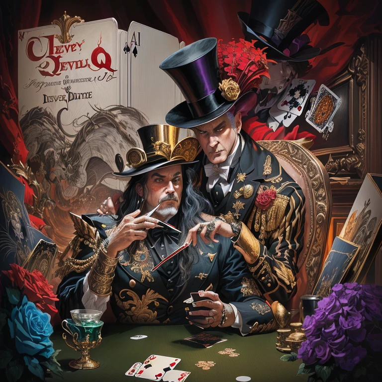 Painting of a man in a top hat and the devil, playing cards, piece of art, album art, detailed cover piece of art, album piece of art, card game illustration, official piece of art, Dave Arredondo, Wayne England, Board game cover, album, Epic fantasy art card game, satirical painting, "Pig, 1 9 8 0's heavy metal album art