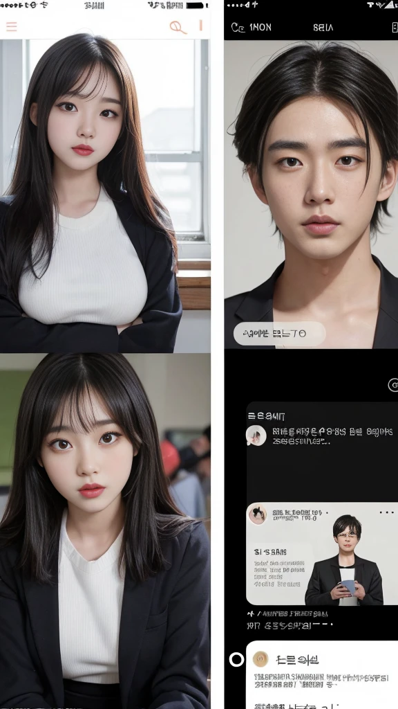 (high quality), (NSFW:1.2), split screen, A delinquent, mature high school girl and a Korean adult man enjoying a smartphone chat app, Her smartphone display shows a number of Korean adult men chatting to a high school girl., Their chat language is English, Men are waiting for her response, popup window, And there's a man, This man is requesting a chat with her on the smartphone screen. Chat takes place alternately between women and men..