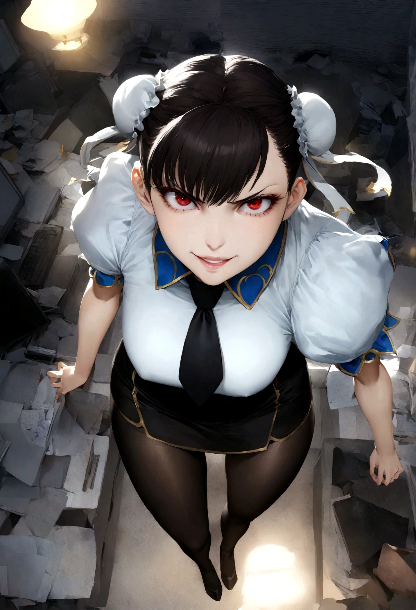 chun li, work of art, tight white secretary shirt with black tie, black high waist skirt, short skirt,stocking, black hair, black tights,evil smile,office,franja nos olhos,lighting,chifre de cabelos,view from above,olhando para cima