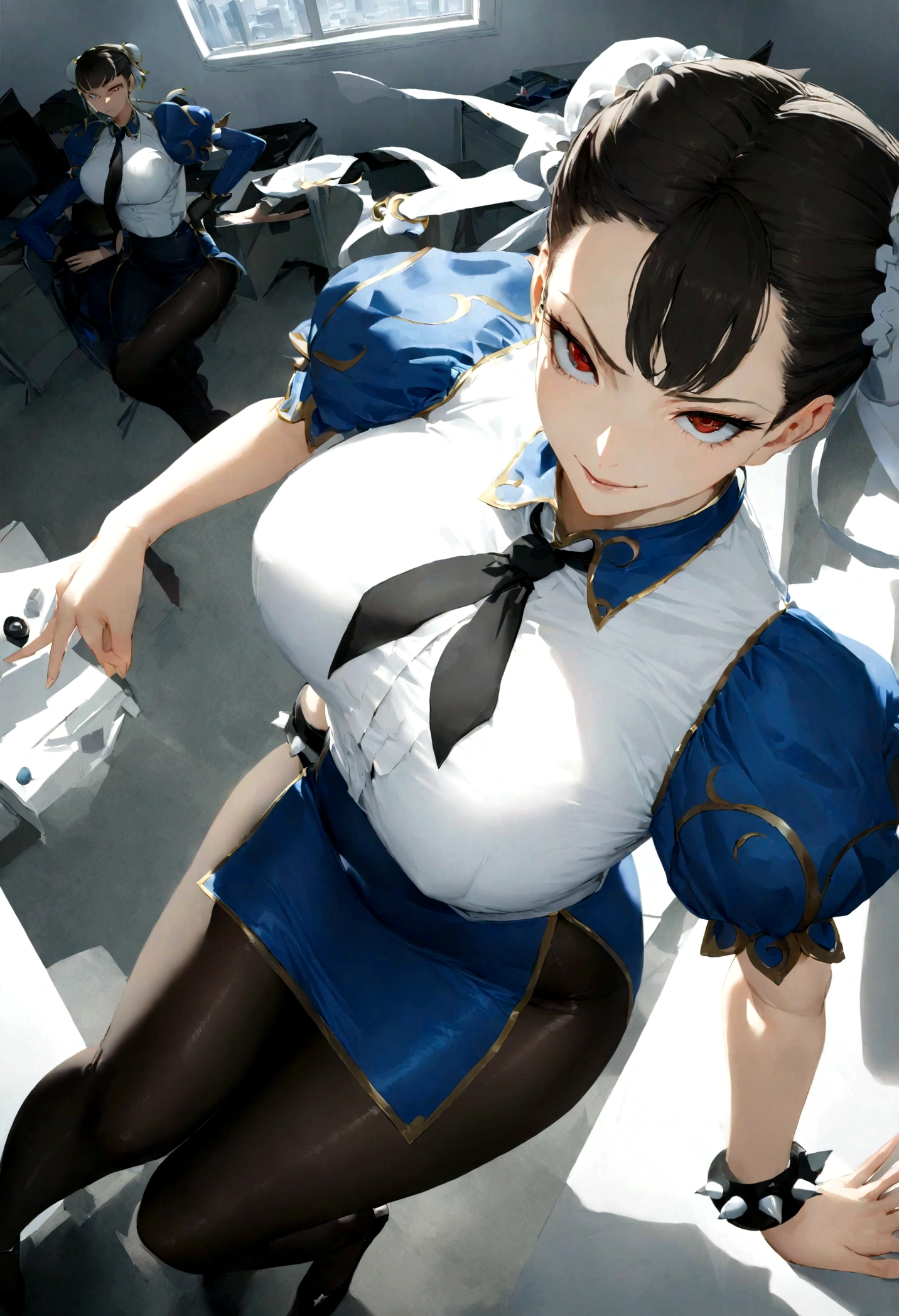 chun li, work of art, tight white secretary shirt with black tie, black high waist skirt, short skirt,stocking, black hair, black tights,evil smile,office,franja nos olhos,lighting,chifre de cabelos,view from above,olhando para cima