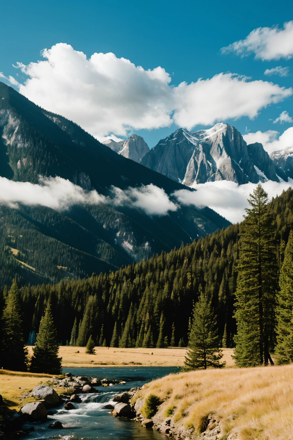 Landscape with mountains, stream, pine trees and clouds