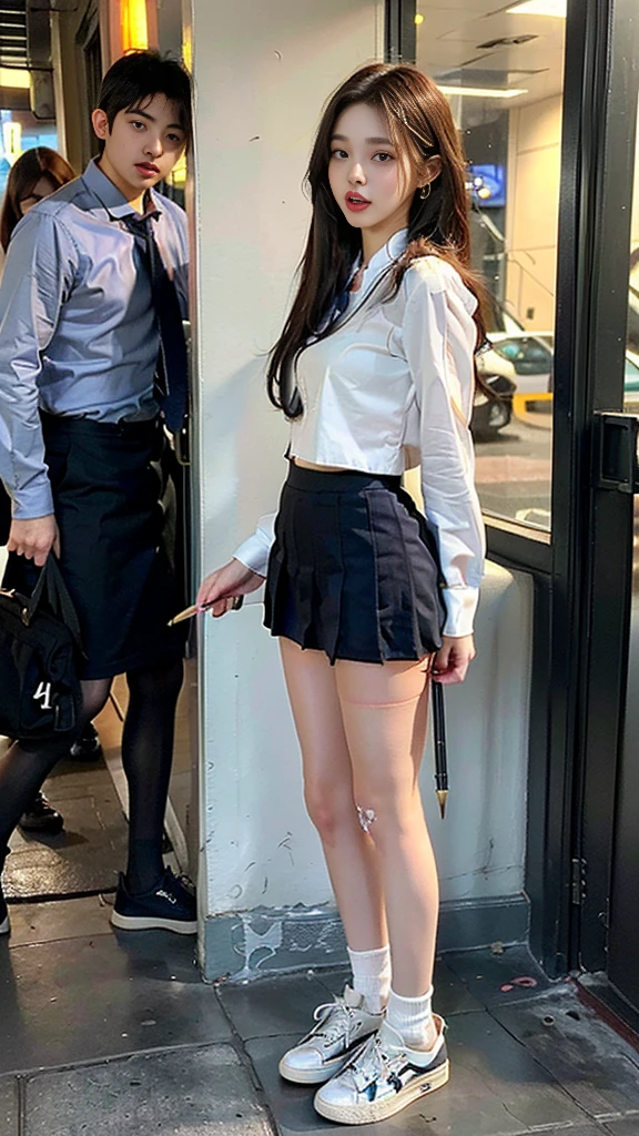 (((NFSW : 1.2))), (((pornography))), (realistic), (intricate details:1.2), (masterpiece、:1.3), (top quality:1.4), (Ultra A high resolution:1.2), Ultra A high resolution, 8K resolution, very detailed expression, dark, (high quality), complete anatomy, natural anatomy, full body photo, crowded agers, 1 Girl being raped by 2 men, 21 years old, (call girl:1.5), (prostitute: 1.5), (she is korean:1.6), (beautiful : 1.4), (Shiny blonde banging), (earrings), light makeup, Confusing wording, tie, long legs, (a girl is weared flesh colored realistic pantyhose and flat sneakers : 1.3), (a girl's pencil mini skirt of school_uniform and blouse : 1.6), (boys and girl are wearing a slim blazer), (boys are weared school_uniform for men : 1.3), glowing skin, the men tie up her arms behind back, (((girl feels orgasm : 1.6))), (((moaning : 1.5))), (her gaze being evade camera focus.:1.4),(She is caught and sexually harassed by men : 1.5), (she being forcibly raped by two men : 1.5), violated by them, (One pair of shoes are always symmetrical:1.5),