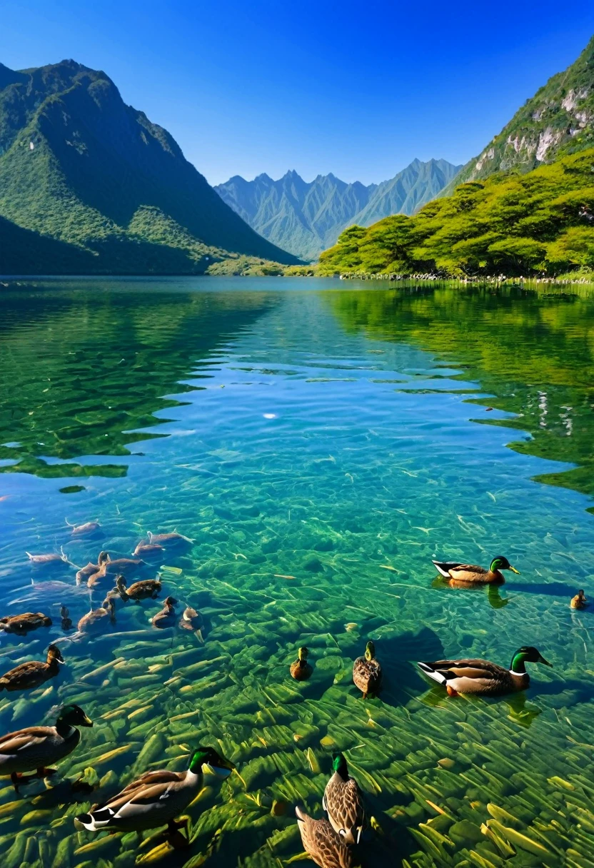 The clear lake water reflects the blue sky and the surrounding mountains like a mirror，Occasionally, a few wild ducks swim leisurely across the lake.。
