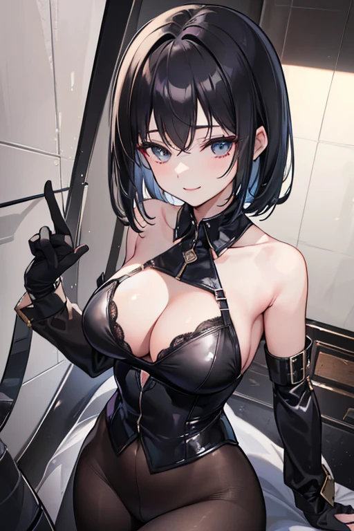 ((masterpiece, highest quality)), (One Woman), (One boy), (Focus on women), (Black Hair), (Medium Hair),(pantyhose), (Black bra), (Black long gloves), (mature), (23 years old), (Gaze Here), Smiling faintly,
