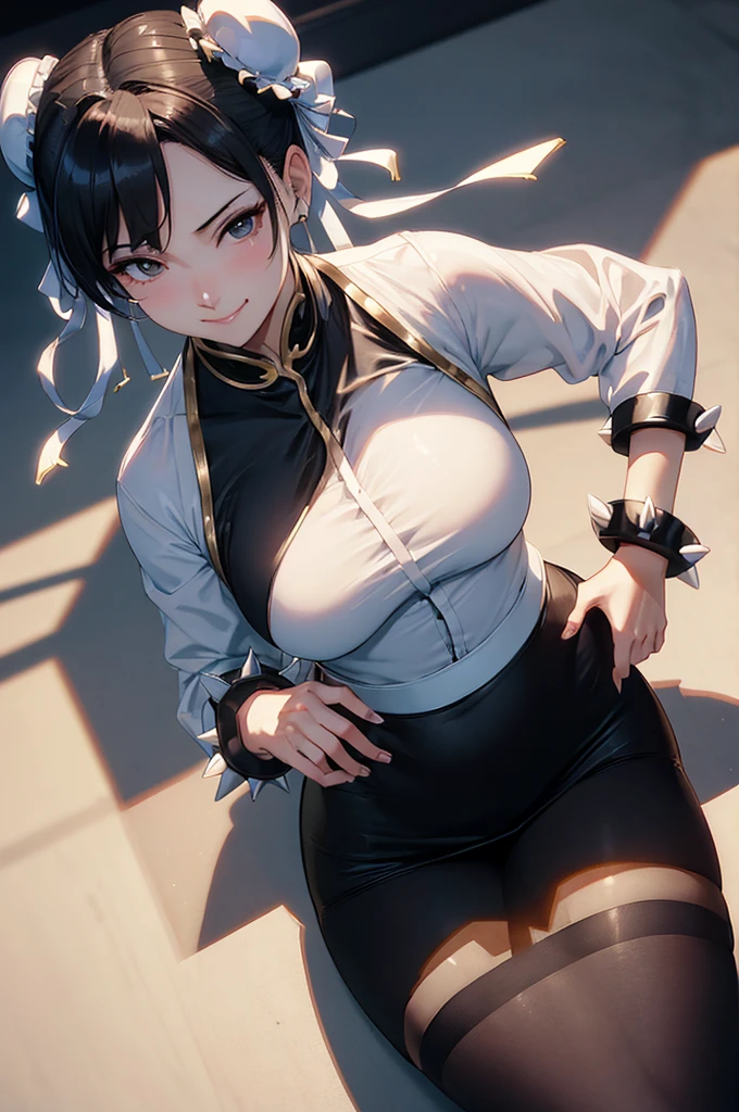 chun li, work of art, tight white secretary shirt with black tie, black high waist skirt, short skirt,stocking, black hair, black tights,evil smile,office,franja nos olhos,lighting,chifre de cabelos,view from above,olhando para cima