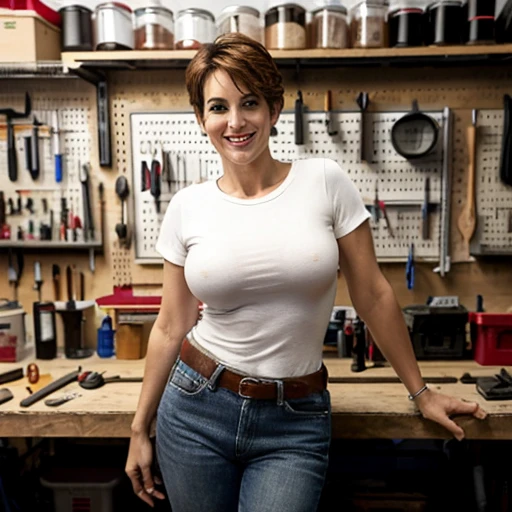 masterpiece, best quality, detailed face, white tshirt in a garage, leaning on a workbench, solo, a woman, beauty woman, red lips, (biggest smile), pretty face, 48 years old, big breast, round breasts, look sexy, ((full body)), (short hair)