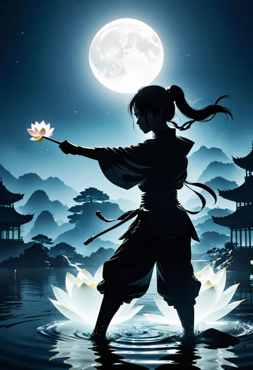 (纯Black silhouette,Heroine fighting silhouette:1.5),(fighting stance,强That's it姿势:1.4),On the Lake,High contrast, light, mysterious atmosphere,,lotus,Lotus Leaf,ripple,(Water splash;1.4),A moon,That's it,martial arts,effort,Black silhouette,Extreme backlight shooting,照片上呈现出Black silhouette(No color or detail),High contrast against bright background