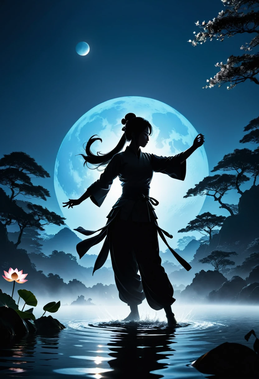 (纯Black silhouette,Heroine fighting silhouette:1.5),(fighting stance，强That's it姿势:1.4),On the Lake，High contrast, light, mysterious atmosphere,，lotus，Lotus Leaf，ripple，(Water splash;1.4)，A moon，That's it，martial arts，effort，Black silhouette，Extreme backlight shooting,照片上呈现出Black silhouette(No color or detail),High contrast against bright background