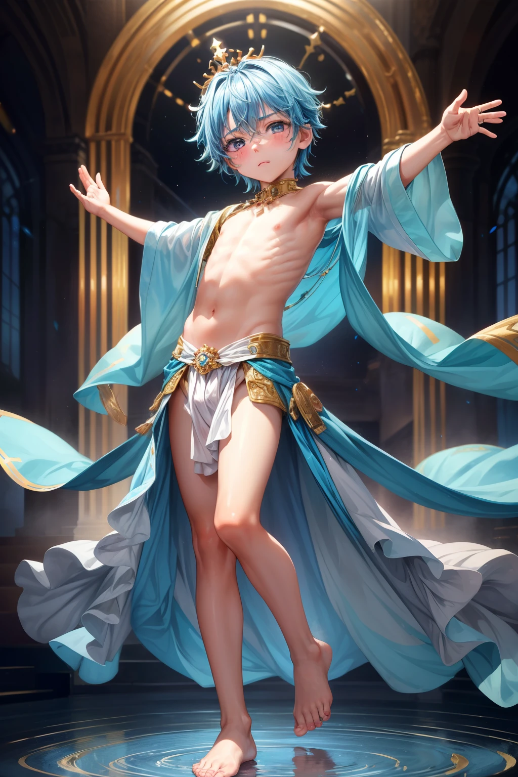 4k resolution, (Masterpiece:1), A small boy with vibrant, iridescent, cyan eyes and bare feet, arms raised in a triumphant pose, evoking an epic, cinematic feel. (Young:1.4), (Child:1.4), (Shota:1.4), (Male:1.4), (Boy:1.4), adorned in royal clothes fit for a king, evoking a sense of Royalty (1.4). The image focuses on his small, blushing feet, adding a touch of innocence and vulnerability to his epic posing. (Posing:1.4), (Cinematic:1
