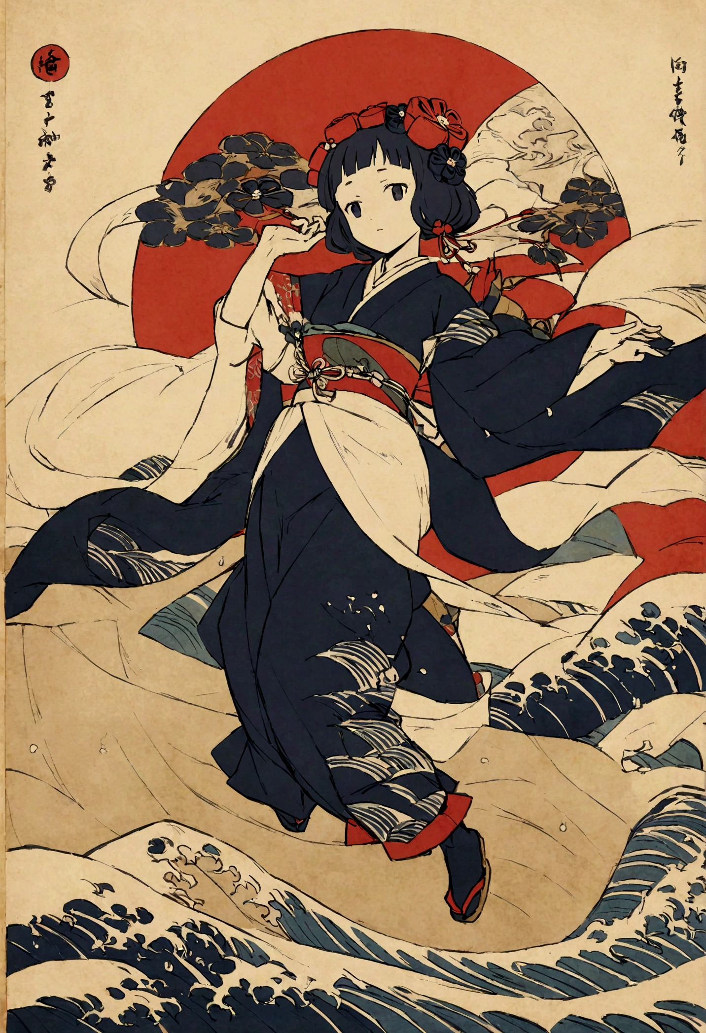 Best Quality, Hokusai&#39;s Style, Ukiyo-e, 踊る風god, (Floating cloth), Flying Drops、god社、god、Solemn