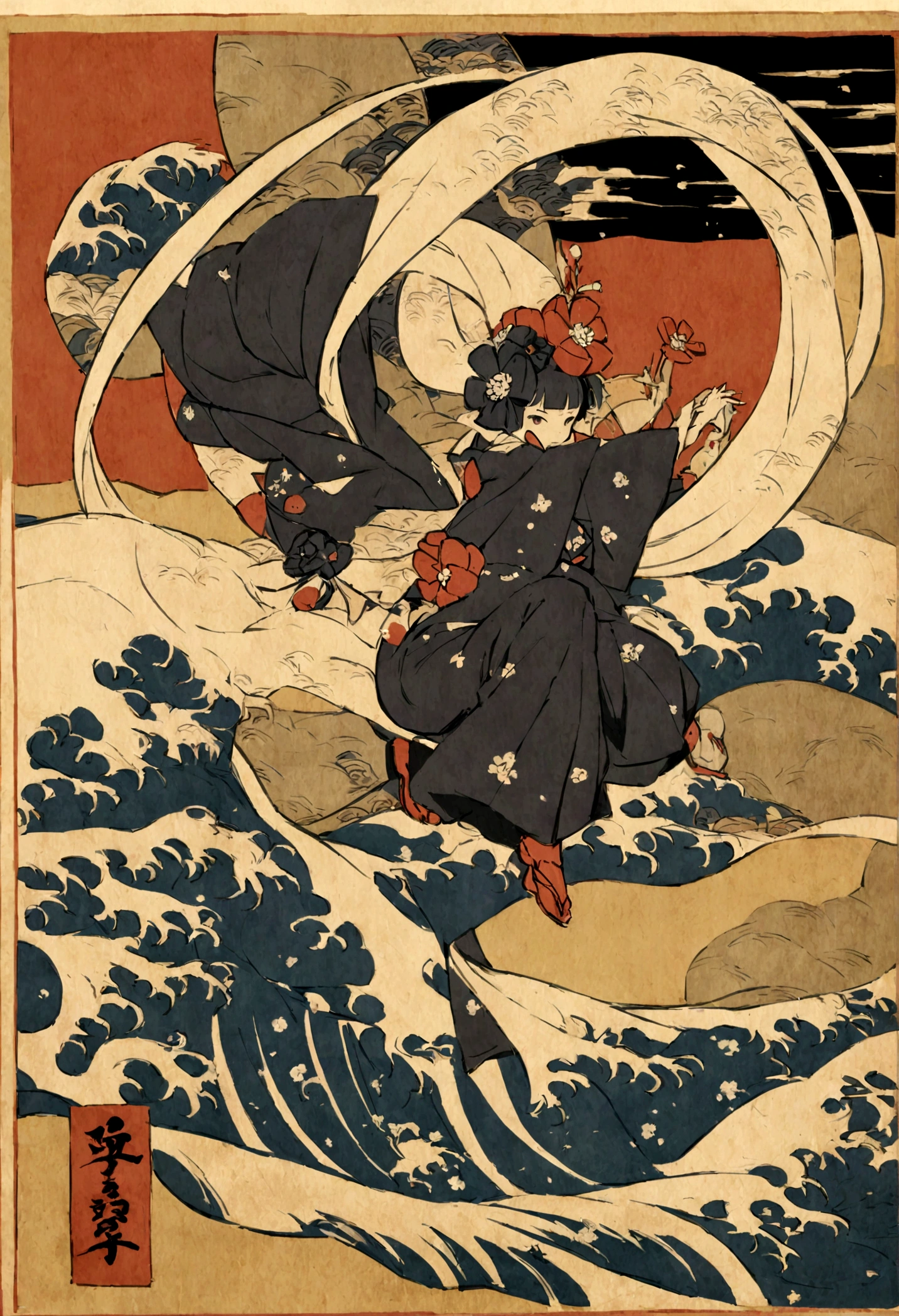 Best Quality, Hokusai&#39;s Style, Ukiyo-e, 踊る風god, (Floating cloth), Flying Drops、god社、god、Solemn