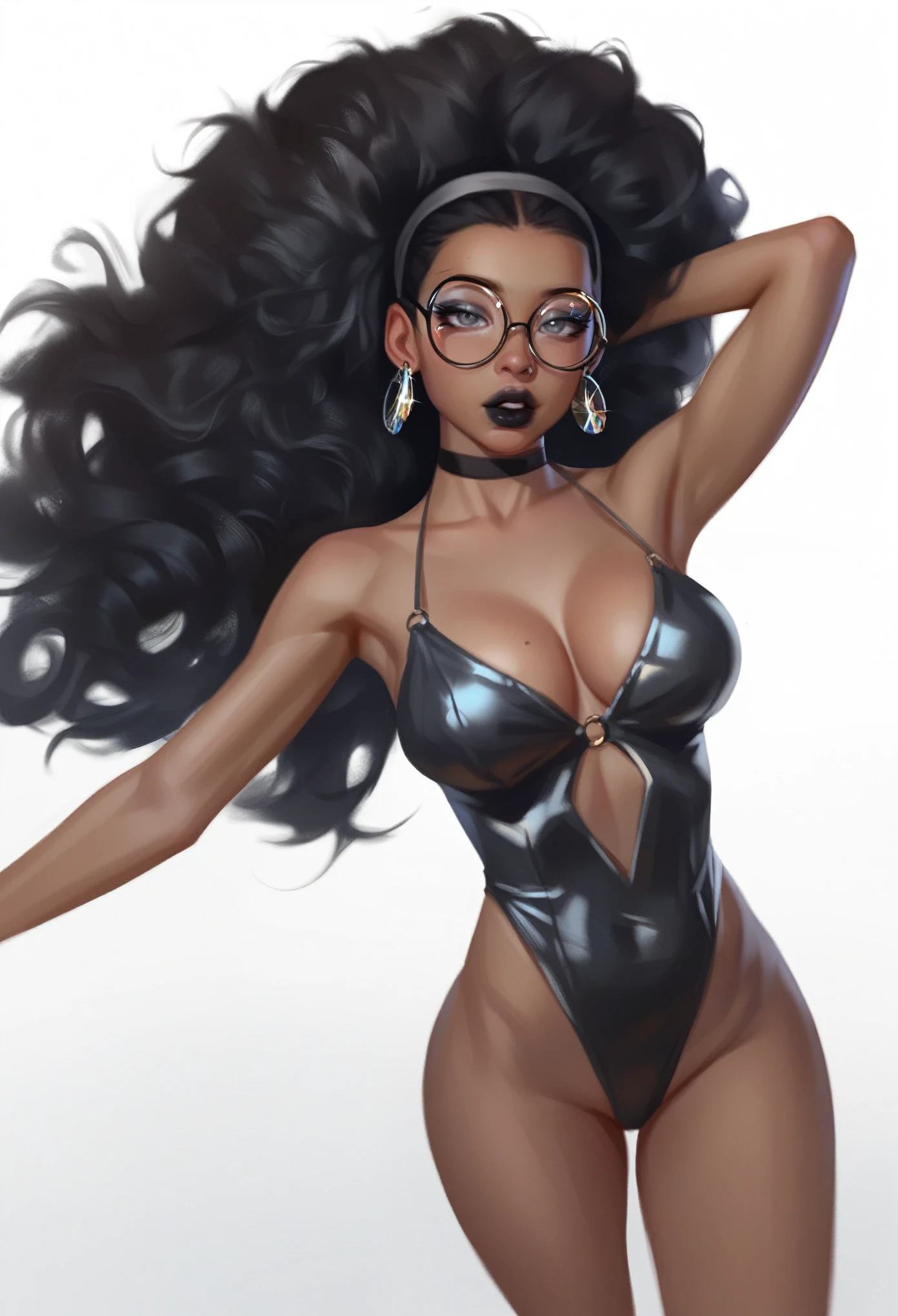 smudgy, traditional art, liu2, brush texture, score_9, score_8_up, score_7_up, 1girl, black hair, afro, straight hair, long hair, grey eyes, thick lips, small, long eyelashes, half-closed eyes, black-framed eyewear, round eyewear, brown skin, black choker, blunt bangs, adult, black eyeliner, large breasts, ear piercing, black lips, grey eyeshadow, looking at viewer, BREAK solo, standing, adult, skinny, highleg, arched back, thigh gap, BREAK (white background:1.2), simple background, dynamic pose, dynamic angle, angled shot,