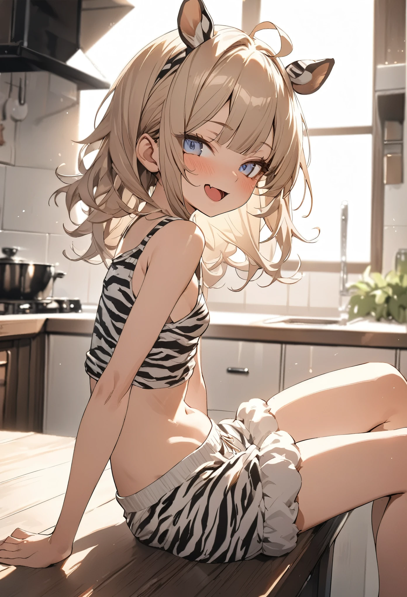((Masterpiece)), ((best quality)), (Anime:1.4), (super detail:1.2), (High Definition:1.3), (Professional Photography:1.3), (wide shot), (sharp focus), (perfect light), from side, (()), ((1girl)), ((wearing zebra-patterned tanktop)), fluffy shorts, cinematic lighting, Textured skin, messy hair, (loose blunt bangs), teenage girlalthy stomach, (Healthy slim body), small breasts, cute eyes, ((naughty face)), (open mouth), (put on zebra ears), pale brown hair, Cute Beautiful girl, Thin accessories, ((Sitting in the Spacious kitchen)),