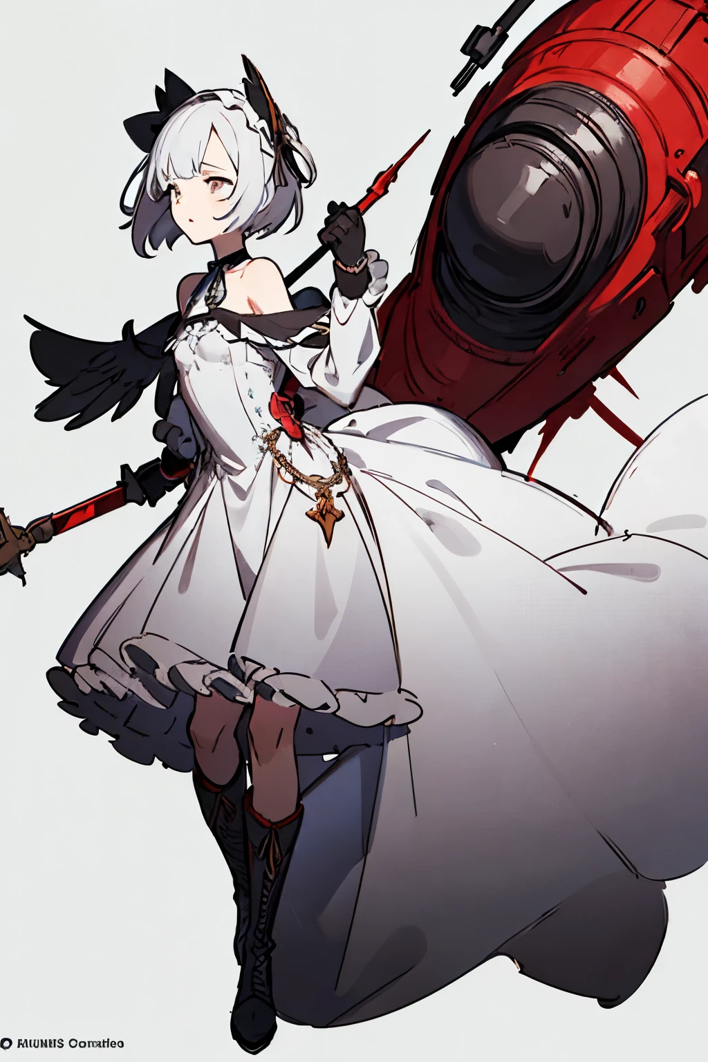 ((best quality)), ((masterpiece)), (detailed), 1girl, off-shoulder, blank white background, plain background, white background, red and white clothing, Bloodborne inspired, occult aesthetic, occult, detailed and intricate steampunk and detailed gothic, NSFW, Very dramatic and cinematic lighting, cosmic horror, grim-dark, side-lighting, perfect face, NSFW, Fluttering lace flared long knee length dress with frilly petticoats, knee length dress, pleated petticoats, lolita dress, petticoats gothic lolita, complex lace boots, side-lighting, gothic lolita aesthetic, wielding a mighty sword with mechanical components, carbine, NSFW, beautiful small breasts, small breasts, full body, whole body, body, plain background, white background, blank background, no background, white background NSFW, full body, whole body, head-to-toe NSFW