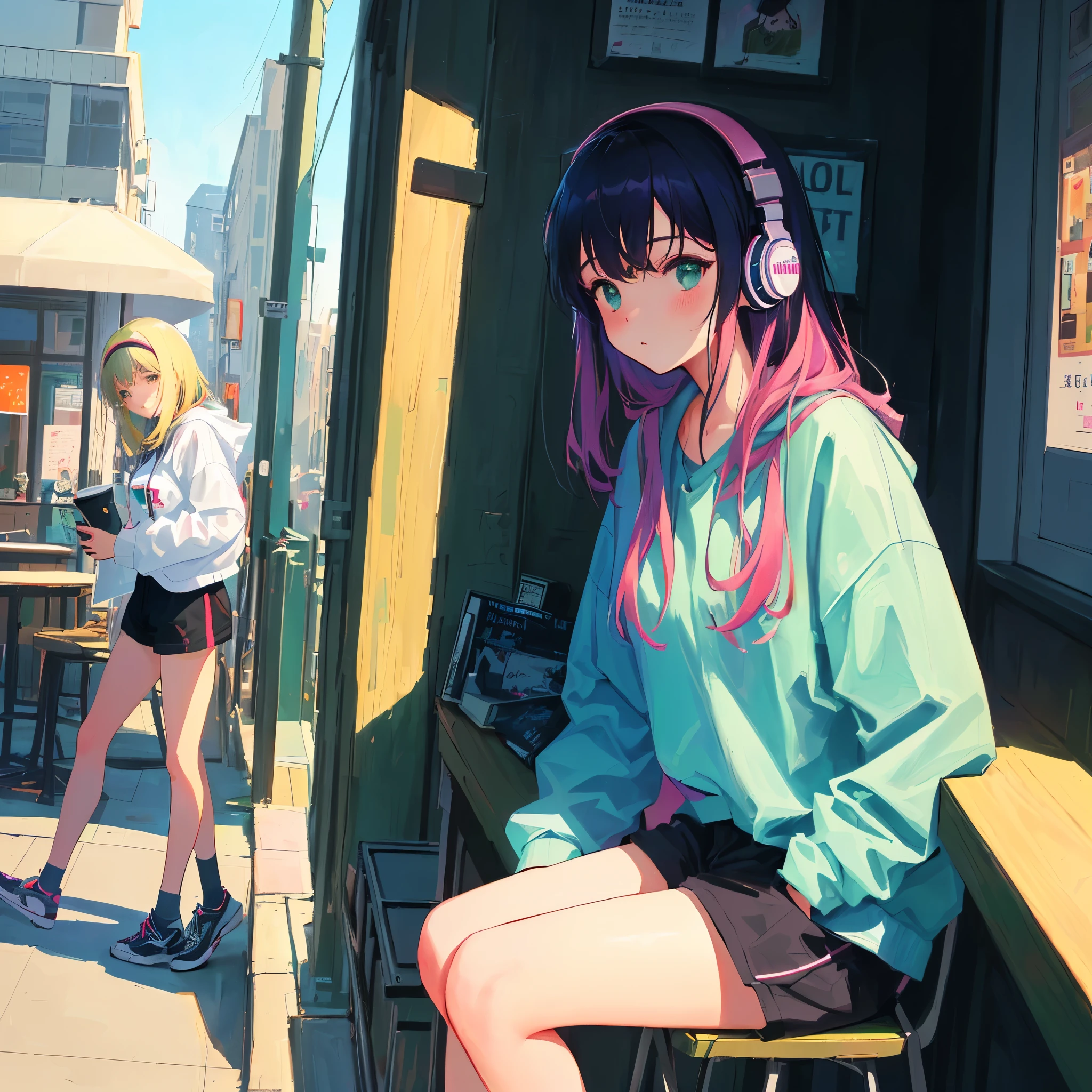 Embarrassed、Embarrassed look、A cafe in an old house、Drinking coffee、Sitting in a chair、Coffee shop、There's a Girl Wearing Headphones, Lo-Fi Girl, Shibuya Crossing, Portrait of Lo-Fi Walking, Laurie Greasley Style, Lo-Fi Art, Lo-Fi Art Style, Inspired by Joe San Gonzalez, Short wearing pants, wearing sneakers, lo-fi illustration style, lo-fi color, lo-fi feeling, Josan Gonzalez、One beautiful woman、 Lo-fi Girl, at the library, Portrait of Rofi, Laurie Griesley's style, Lofi Art, Lofi Artstyle, inspired Josan Gonzalez, girl in a record store, Lo-fi illustration style, Lofi Color, Lo-fi feeling, Josan Gonzalez