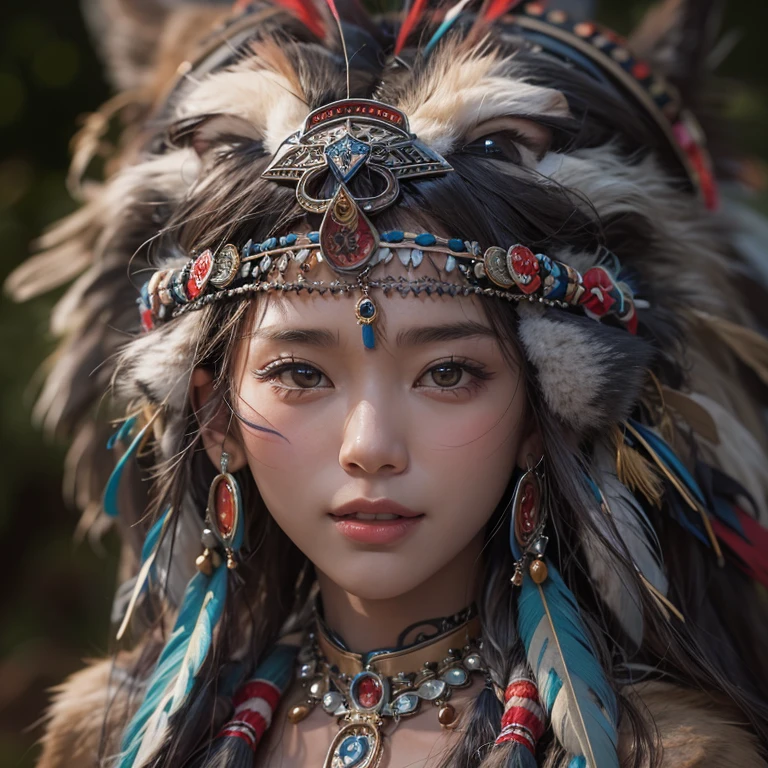 At the Grand Canyon、Hair flow、 ((highest quality、masterpiece、8k、Best image quality、Ultra-high resolution、Award-winning works)、(Accurate anatomy:1.1)、(Look at me and smile:1.1)、Shining fair skin with Ultra-high resolution、The most detailed face、Ultra-high resolution detailed face、Ultra-high resolutionの髪の毛、(Ultra-high resolutionの煌めく瞳:1.1)、Beautiful face drawn in every detail、(Blurred Background:1.1)、Native American Costume, American Indian Clothing, Chest to chest, tattoo、A real giant condor next to you。The wolf is watching